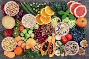 Health food concept for a high fiber diet with fruit, vegetables