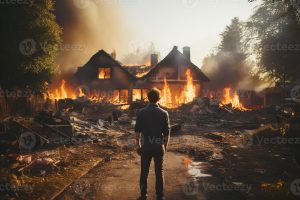 ai-generated-rear-view-of-a-man-looking-at-a-burning-house-burning-fire-flames-generated-by-artificial-intelligence-photo