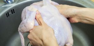 Woman,Washing,Fresh,Raw,Hen,In,Kitchen,Sink.,Cooking,Chicken