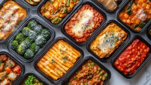 Frozen ready meals with a variety of frost-covered dishes like lasagna, curry, and stir-fries, viewed from above in an organized layout